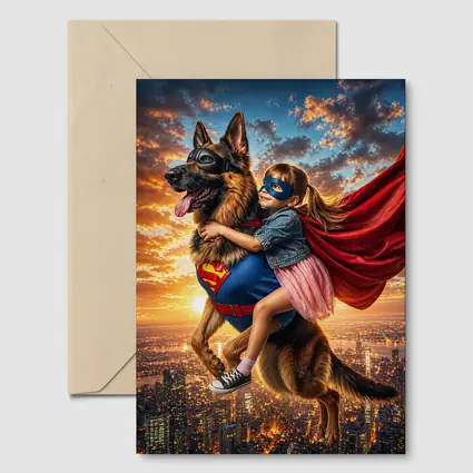 Superhero Girl Flying With German Shepherd