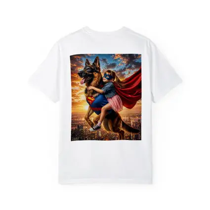 Superhero Girl Flying With German Shepherd