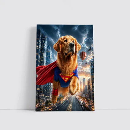 Golden Retriever Superman Flying Over City