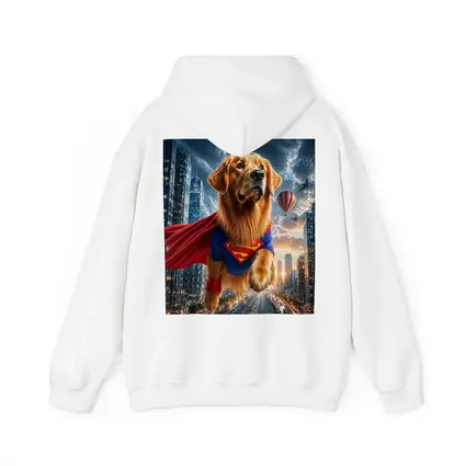 Golden Retriever Superman Flying Over City