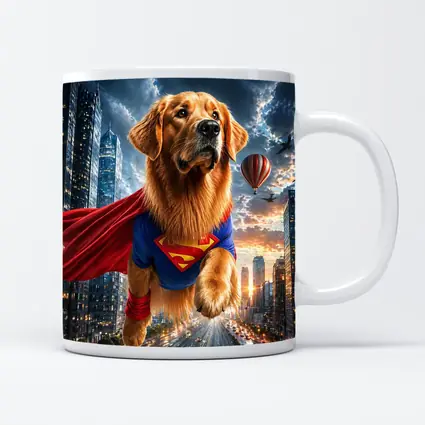 Golden Retriever Superman Flying Over City