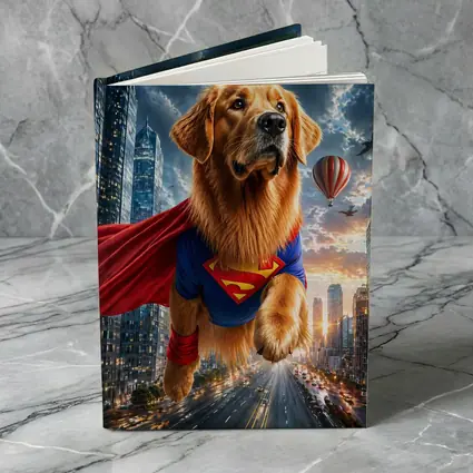 Golden Retriever Superman Flying Over City