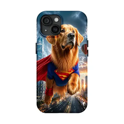 Golden Retriever Superman Flying Over City