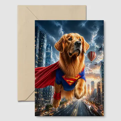 Golden Retriever Superman Flying Over City