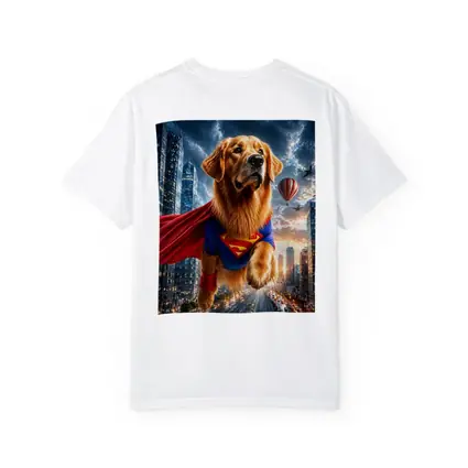 Golden Retriever Superman Flying Over City