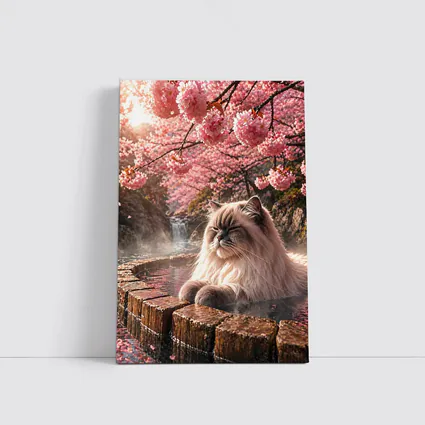 Himalayan Cat Relaxing in Cherry Blossom Onsen