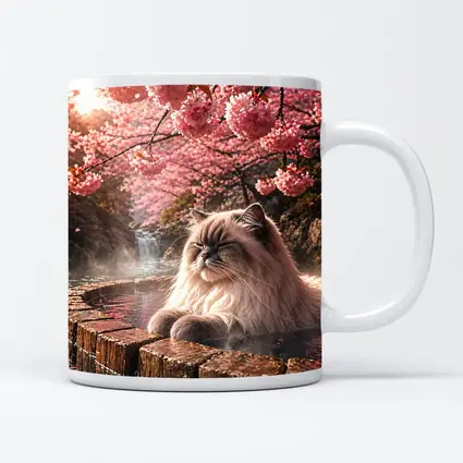 Himalayan Cat Relaxing in Cherry Blossom Onsen