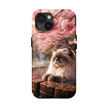 Himalayan Cat Relaxing in Cherry Blossom Onsen