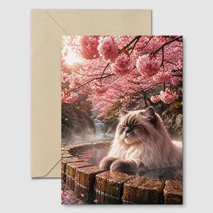 Himalayan Cat Relaxing in Cherry Blossom Onsen
