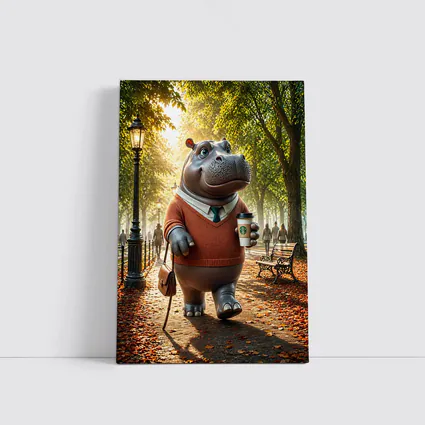 Hippo With Coffee Walking Autumn Park
