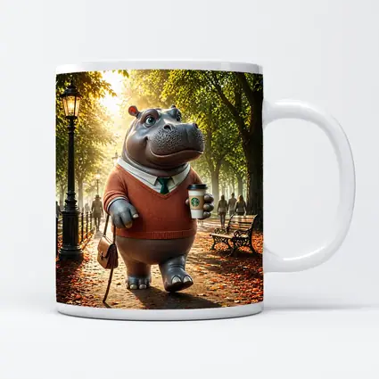 Hippo With Coffee Walking Autumn Park