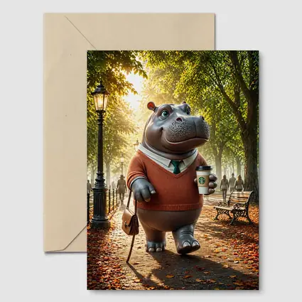 Hippo With Coffee Walking Autumn Park