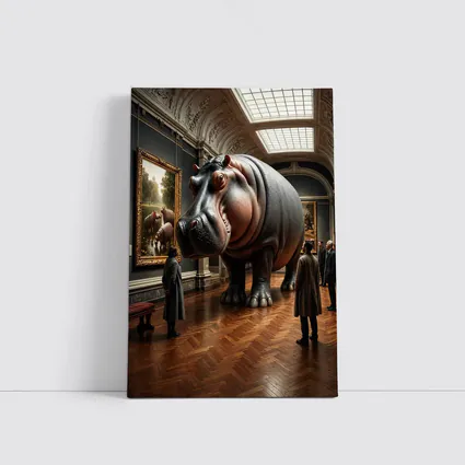 Giant Hippo Inside Classic Art Museum Gallery