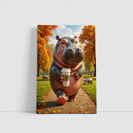 Hippo Walking With Coffee Autumn Park