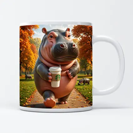 Hippo Walking With Coffee Autumn Park