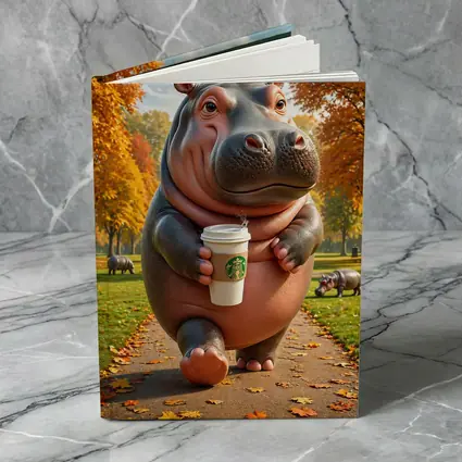 Hippo Walking With Coffee Autumn Park
