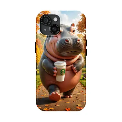 Hippo Walking With Coffee Autumn Park