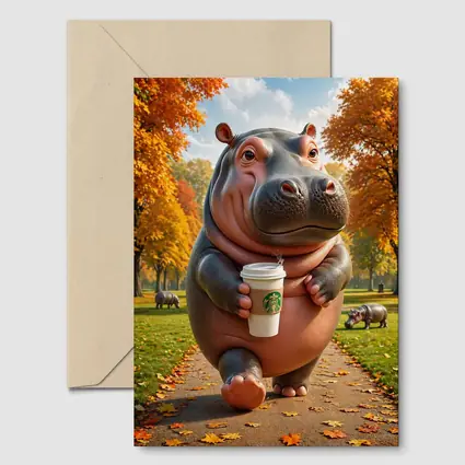 Hippo Walking With Coffee Autumn Park