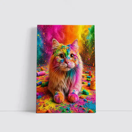 Fluffy Cat Covered In Colorful Holi Powder