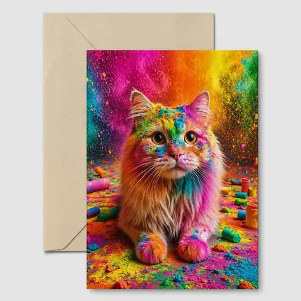 Fluffy Cat Covered In Colorful Holi Powder