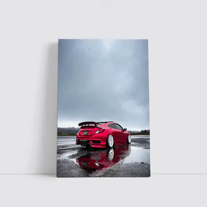 Red Honda Civic Stance Wet Rainy Lot