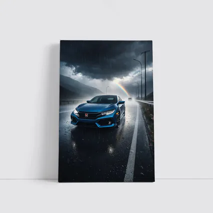 Honda Civic Blue Rain Stormy Road Drive