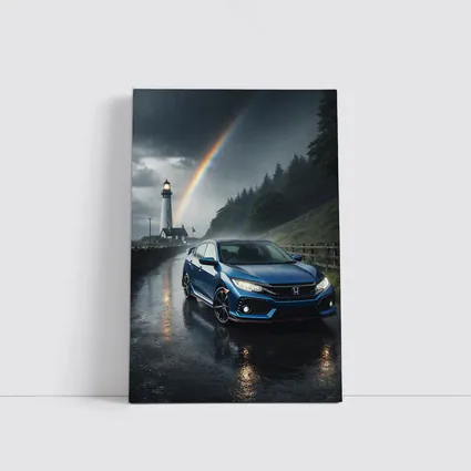 Honda Civic Blue Rainy Coastal Road Rainbow