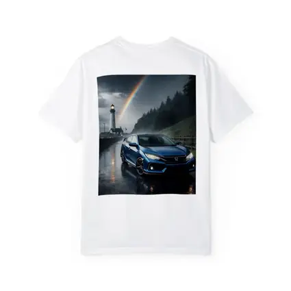 Honda Civic Blue Rainy Coastal Road Rainbow