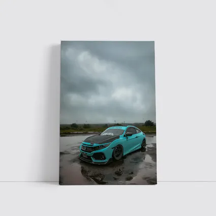Honda Civic Slammed Teal Wet Pavement Clouds