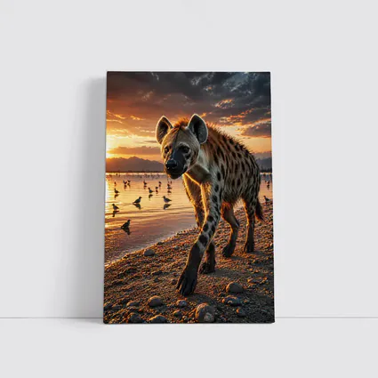 Spotted Hyena Walking Along Sunset Shore