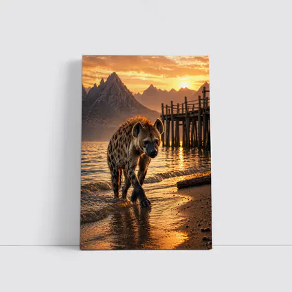 Spotted Hyena Walking Shore At Sunset