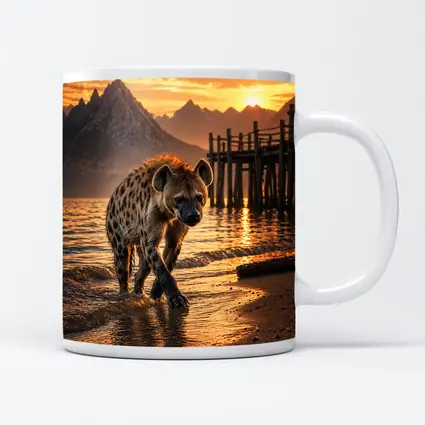 Spotted Hyena Walking Shore At Sunset