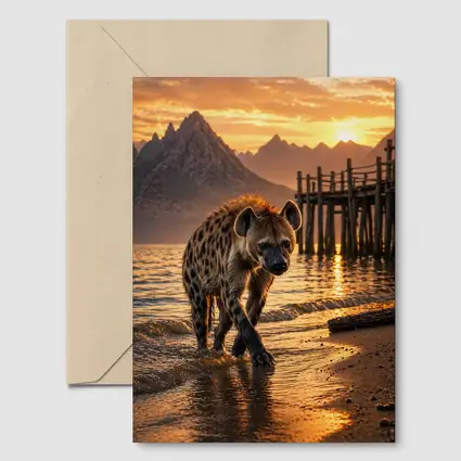 Spotted Hyena Walking Shore At Sunset
