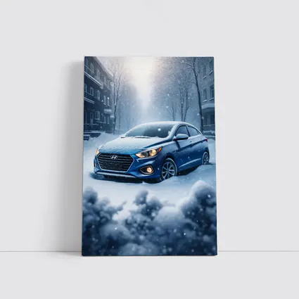 Hyundai Accent Blue in Heavy Snowfall