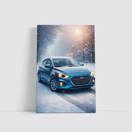 Hyundai Accent Blue Sedan Winter Snow Street
