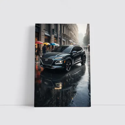 Hyundai Kona Parked On Rainy City Street