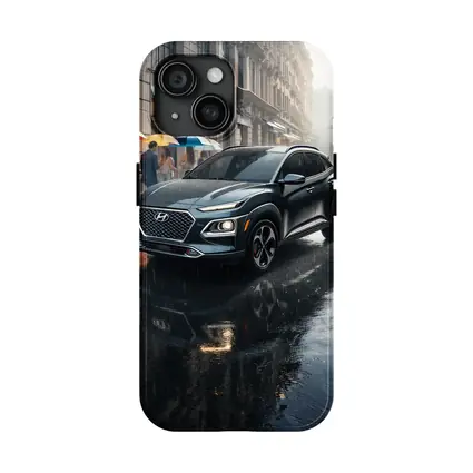 Hyundai Kona Parked On Rainy City Street