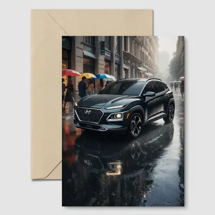 Hyundai Kona Parked On Rainy City Street