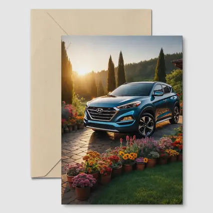 Hyundai Tucson Blue SUV Garden Sunset