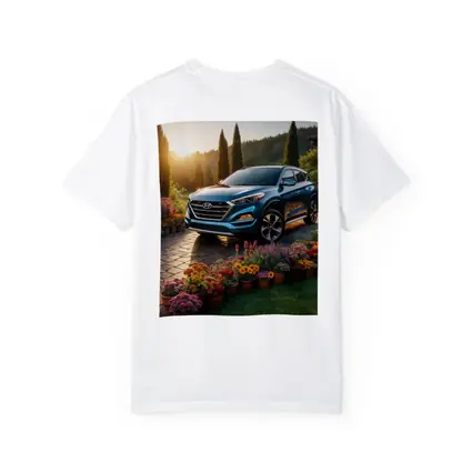 Hyundai Tucson Blue SUV Garden Sunset