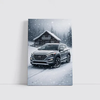 Hyundai Tucson SUV Snowy Winter Cabin Scene