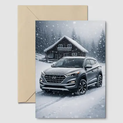 Hyundai Tucson SUV Snowy Winter Cabin Scene