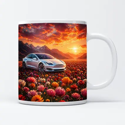Tesla Model S White Car Flower Field Sunset