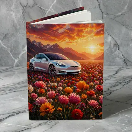 Tesla Model S White Car Flower Field Sunset