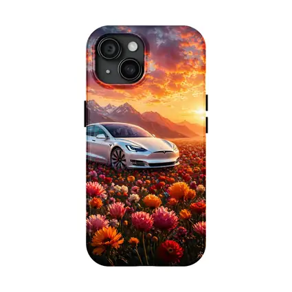 Tesla Model S White Car Flower Field Sunset