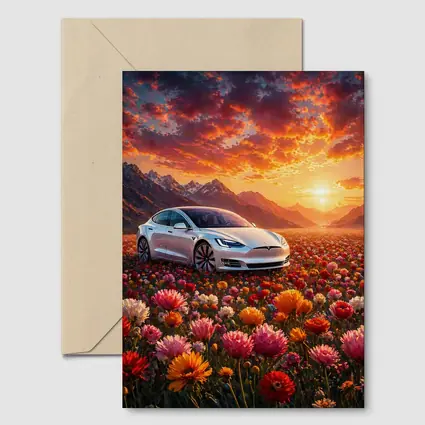 Tesla Model S White Car Flower Field Sunset