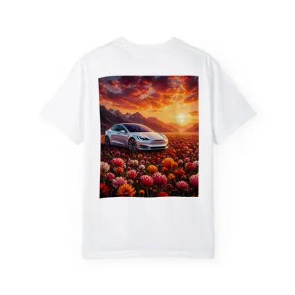 Tesla Model S White Car Flower Field Sunset