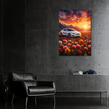 Tesla Model S White Car Flower Field Sunset