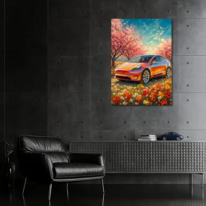 Tesla Model Y Orange Impressionist Blossom Field
