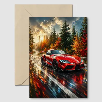 Toyota GR Supra Red Wet Forest Road
